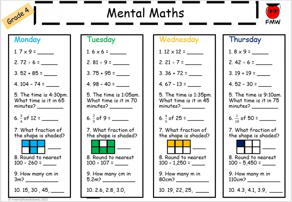 Grade  Mental Math Worksheets  Free Worksheets  Printables