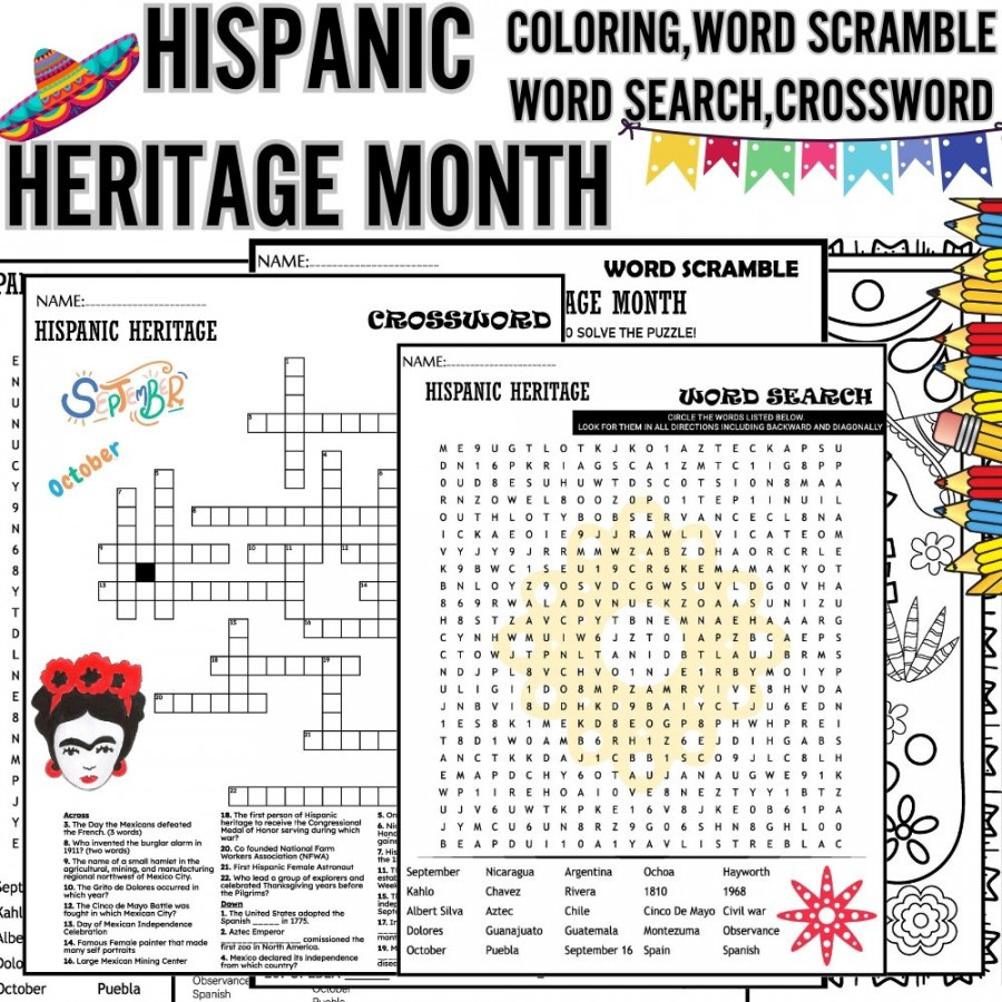 Hispanic Heritage Month Worksheets,Wordsearch,Word Scramble,Puzzle