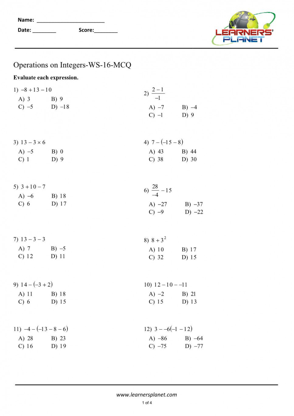 Integers class  math worksheets