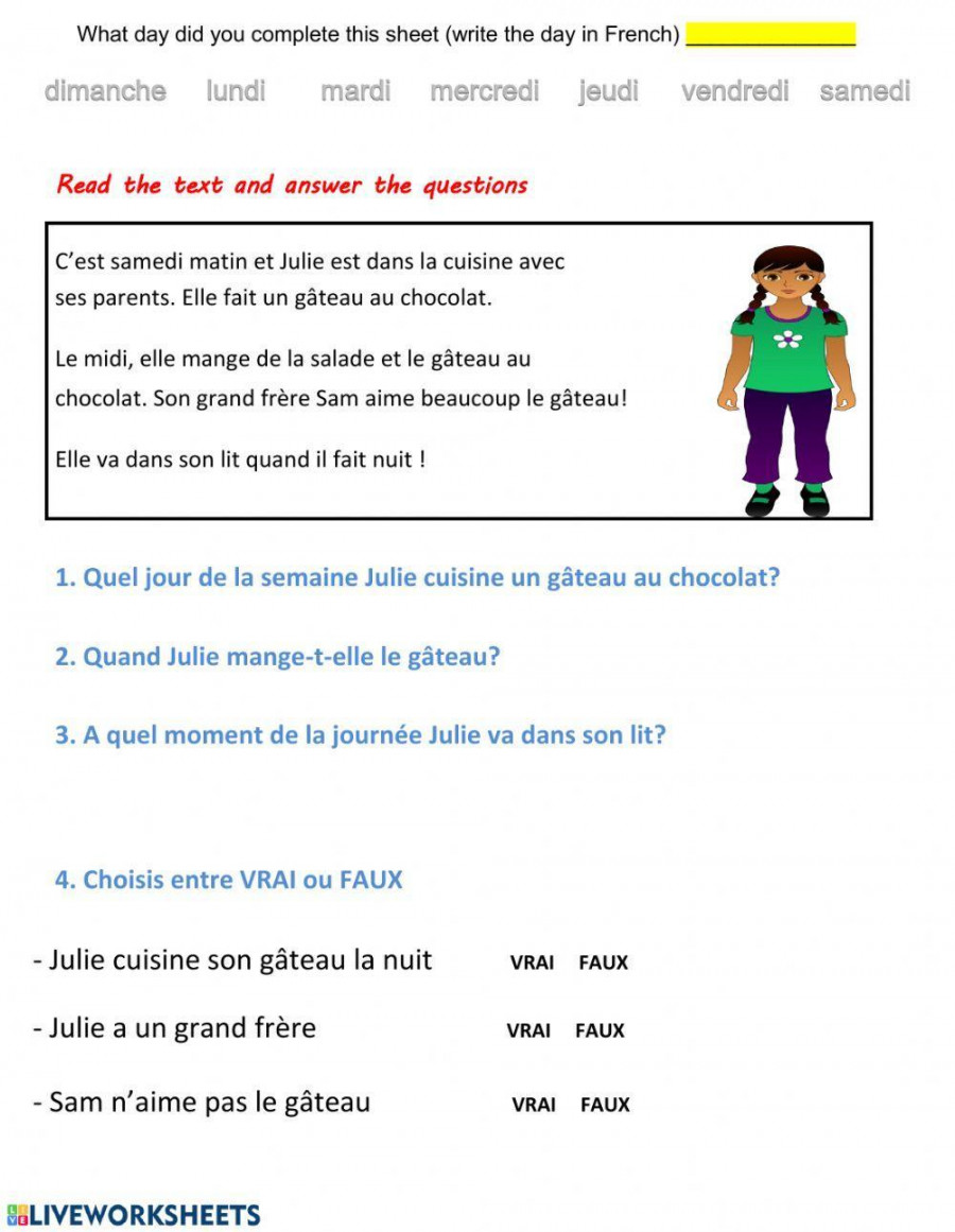 Lecture comprehension-reading C (French) exercise  Live Worksheets