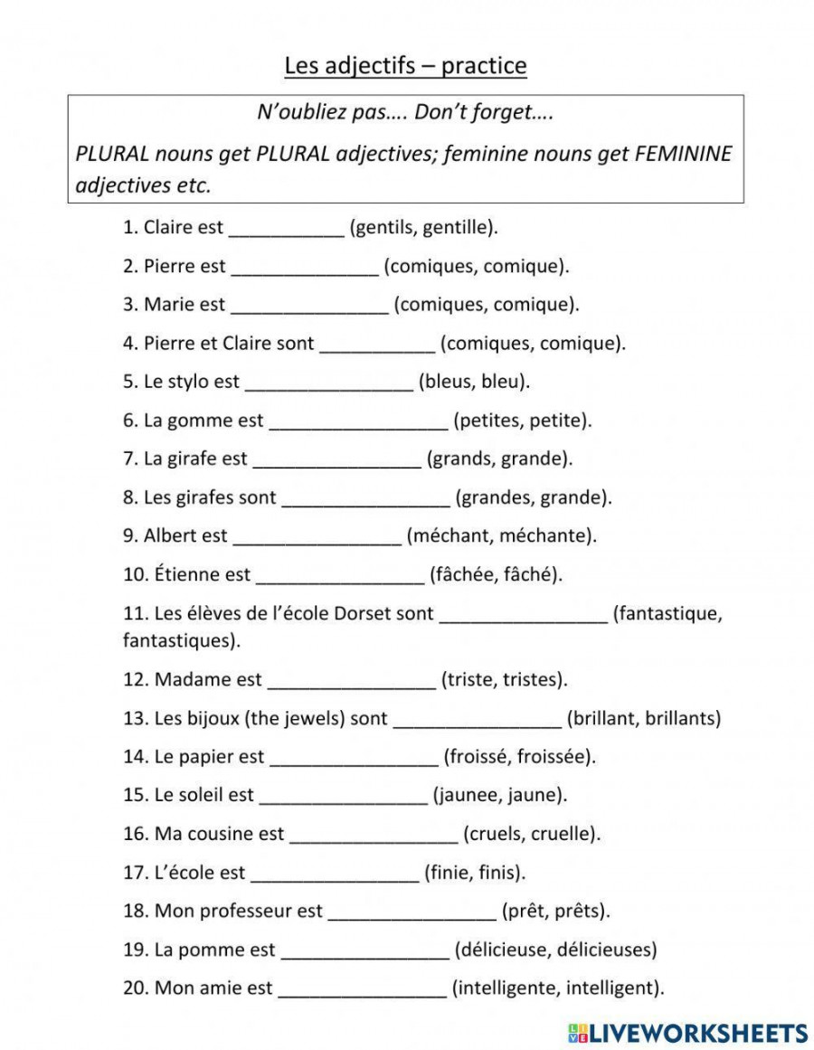 Les Adjectifs exercise for Grade /  Live Worksheets