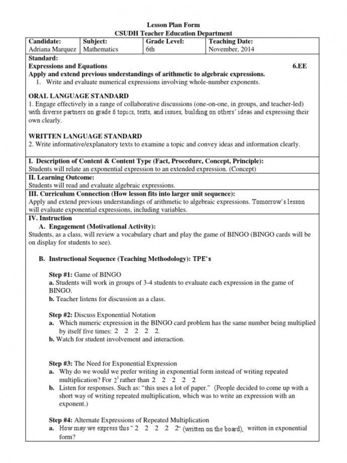 Math Lesson Plan th Grade  PDF  Exponentiation  Lesson Plan