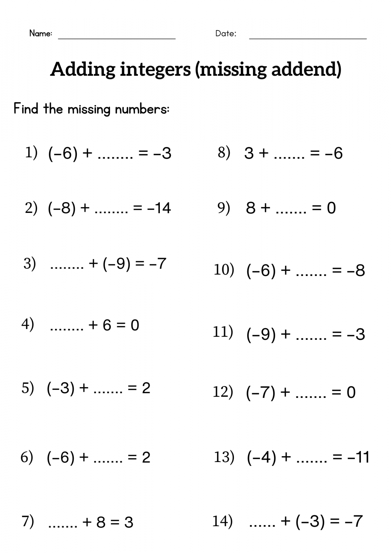 missing integers addition worksheet for class  or