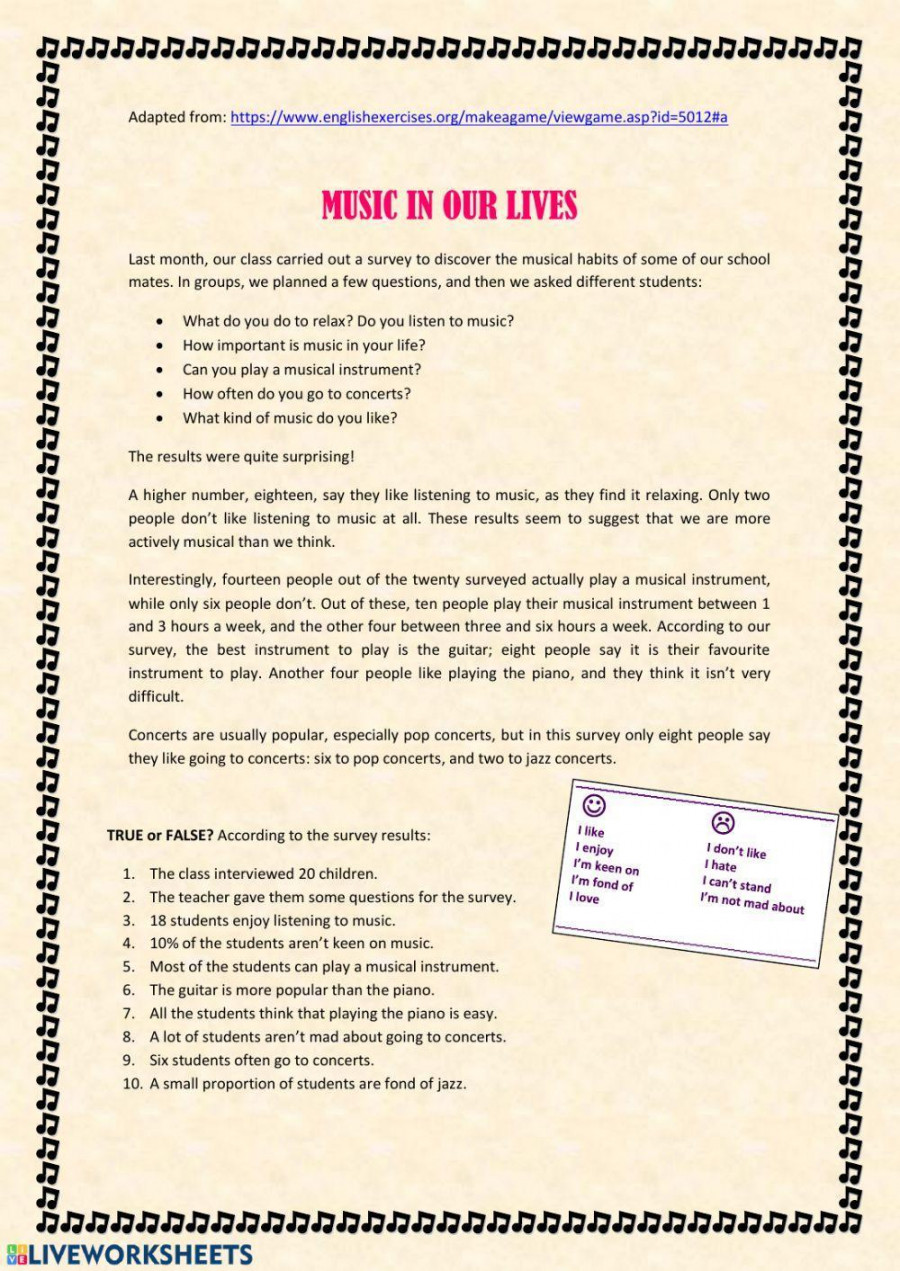 Music (Reading comprehension) interactive worksheet  Live Worksheets