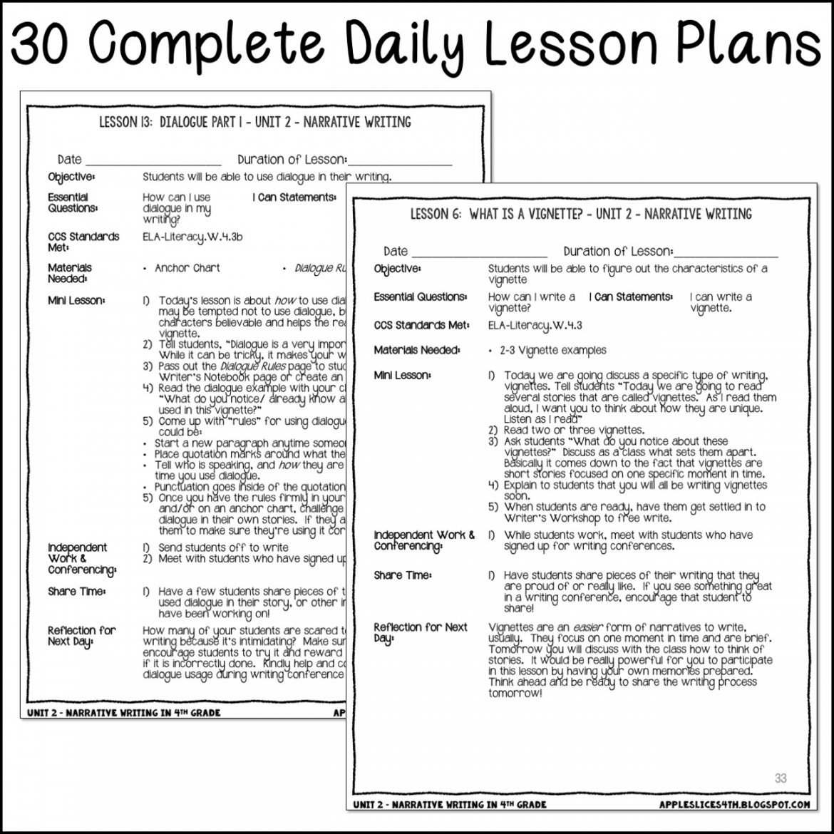 Narrative Writing  th Grade Lesson Plans  Unit  -