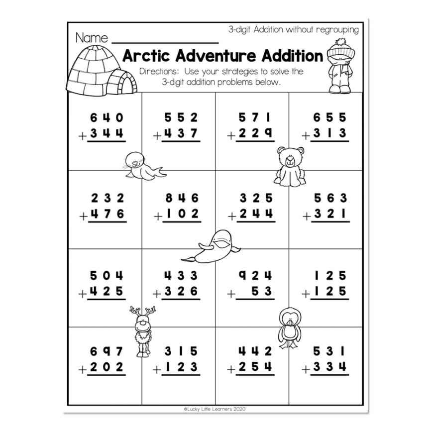 nd Grade Math Worksheets - -Digit Addition Without Regrouping - Arctic  Adventure Addition