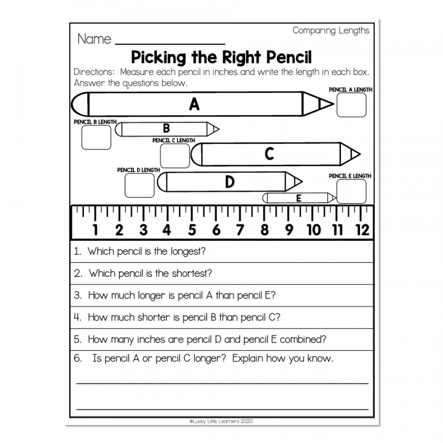 nd Grade Math Worksheets - Measurement - Comparing Lengths - Picking the  Right Pencil