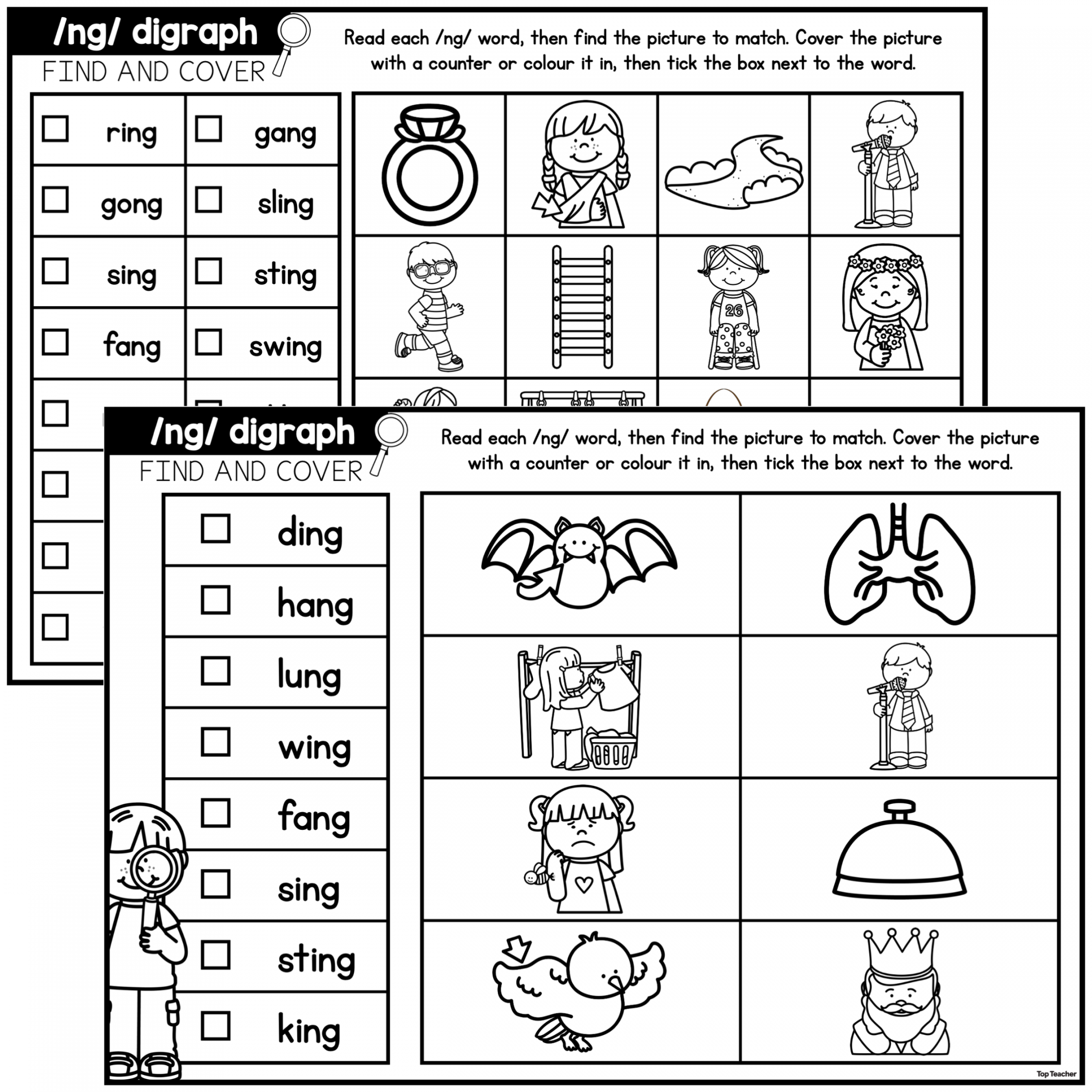 NG Digraph: Find & Cover Worksheet - Top Teacher