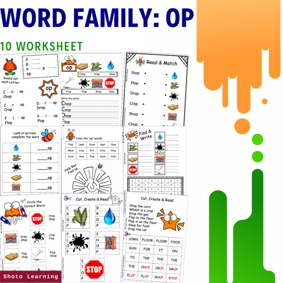 OP WORD FAMILY CVC BLEND WORKSHEET SPEAKING, READING & WRITING