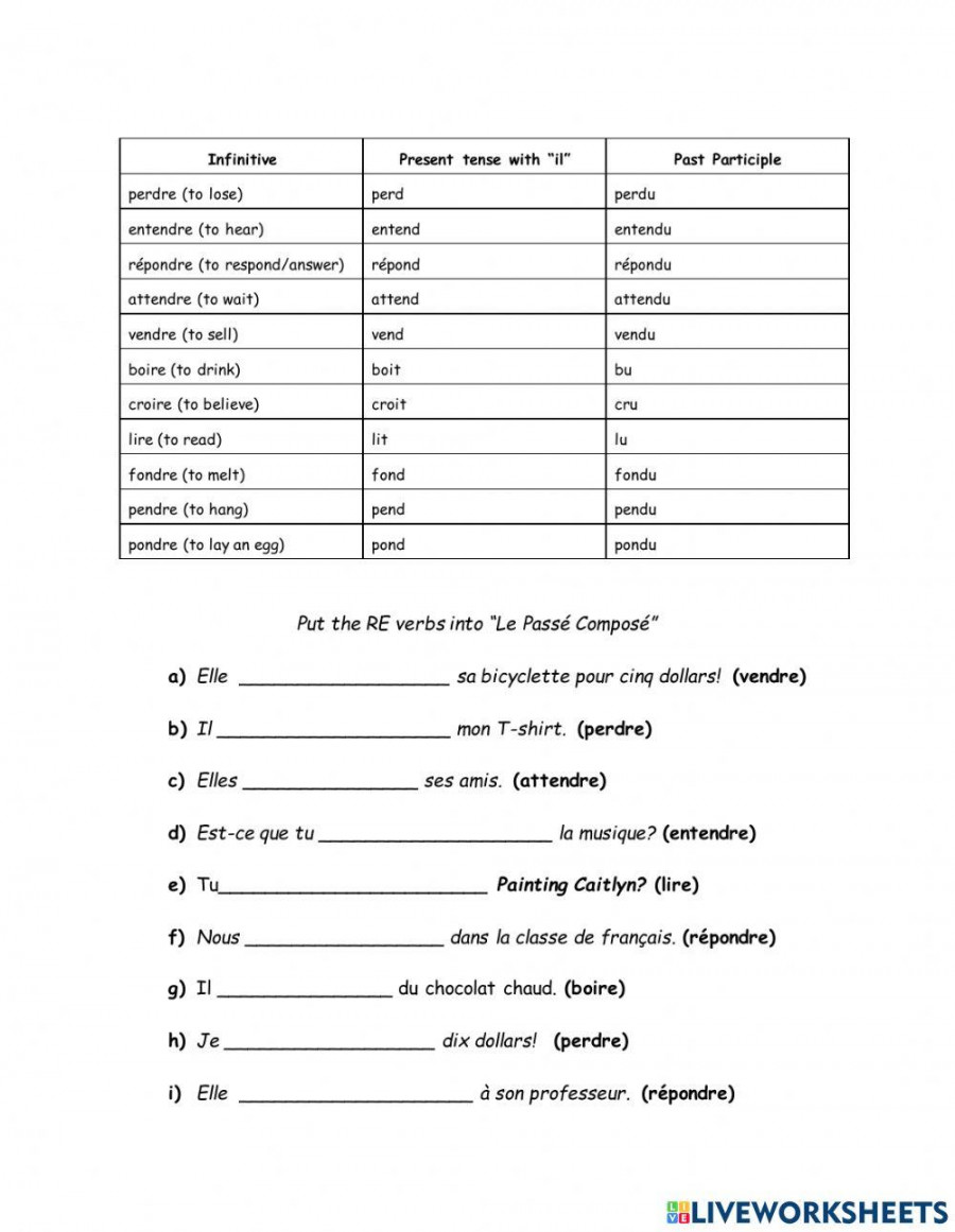 Passe Compose Avoir RE verbs worksheet  Live Worksheets