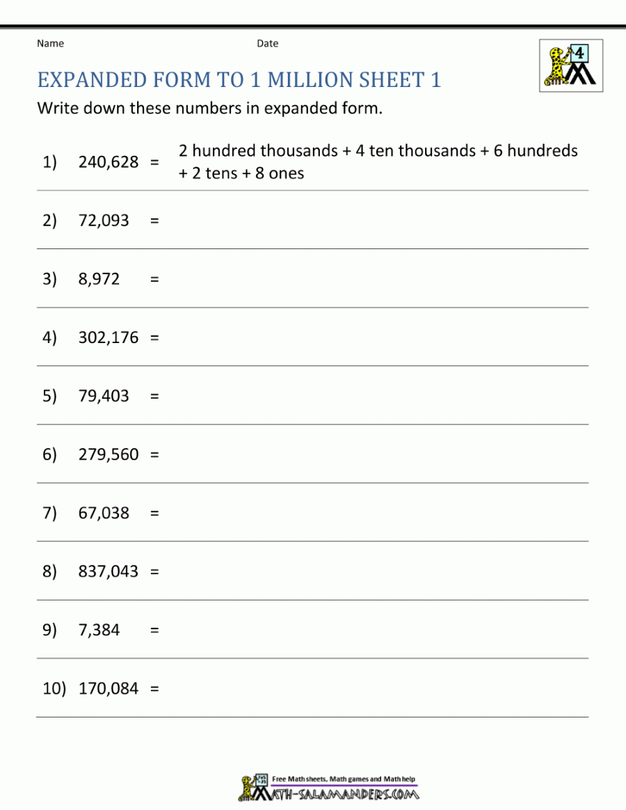 Place Value Worksheet - up to  million