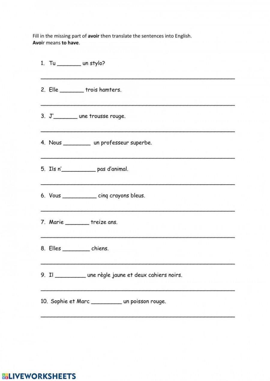 Practice of the verb avoir in the present tense worksheet  Live