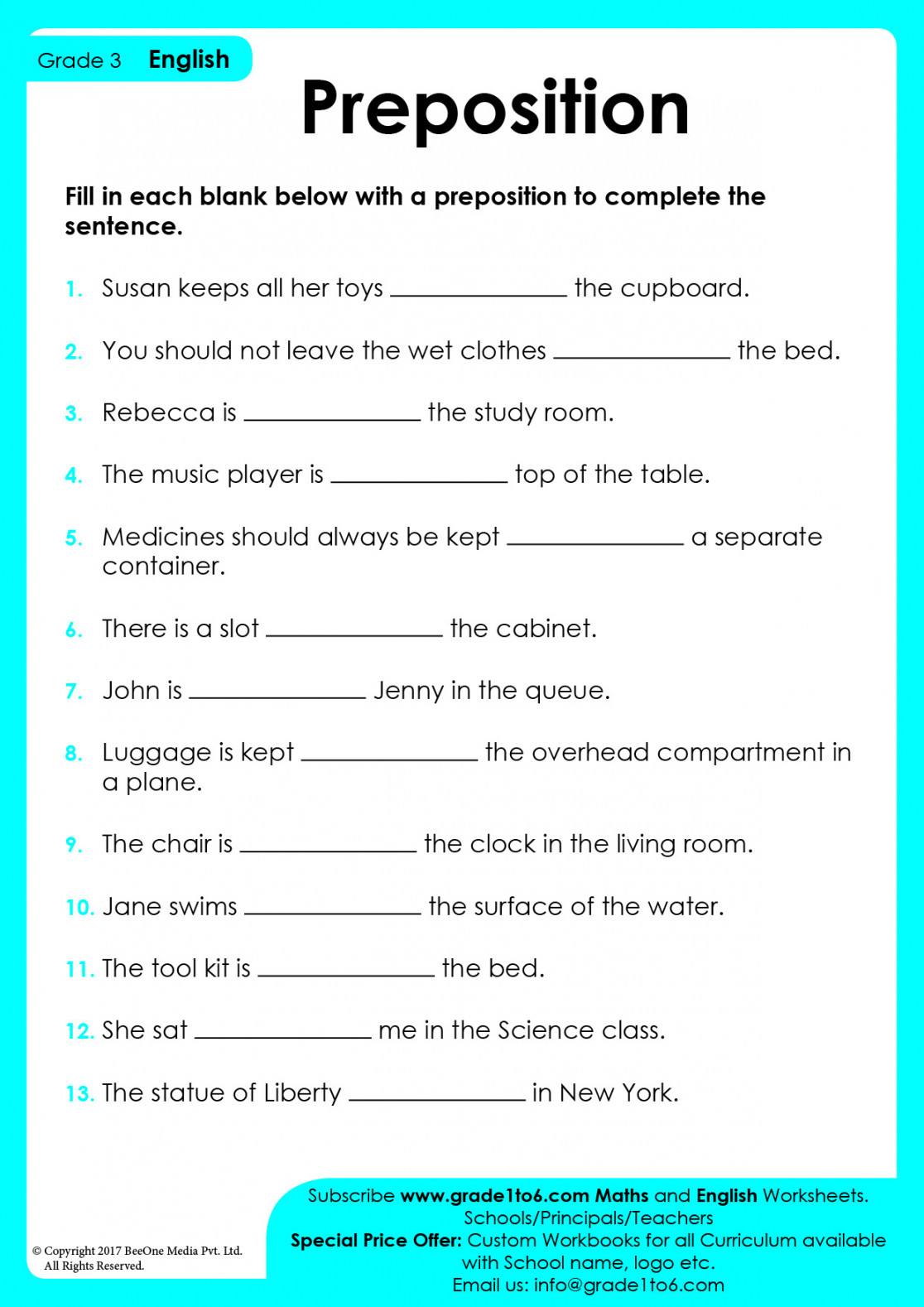 Preposition Worksheets for Class   Gradeto