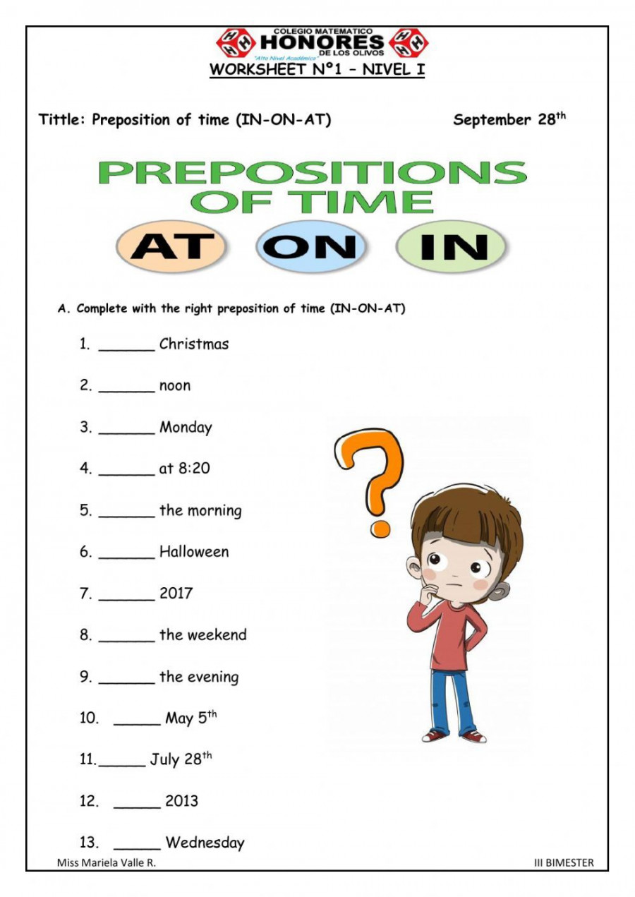 Prepositions of time (IN- ON- AT) online worksheet for st grade