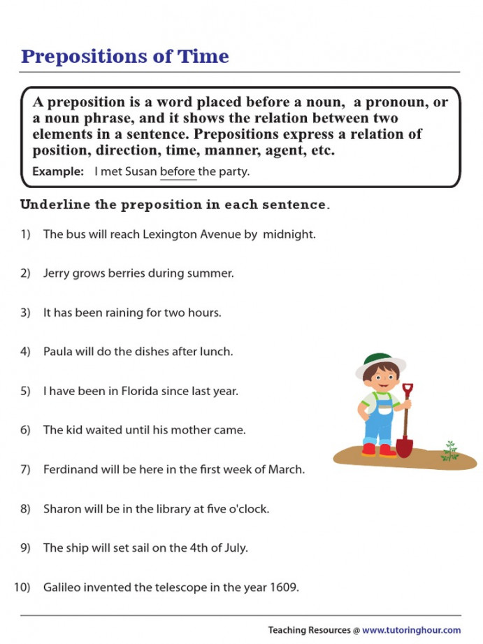 Prepositions of Time: Underline The Preposition in Each Sentence  PDF