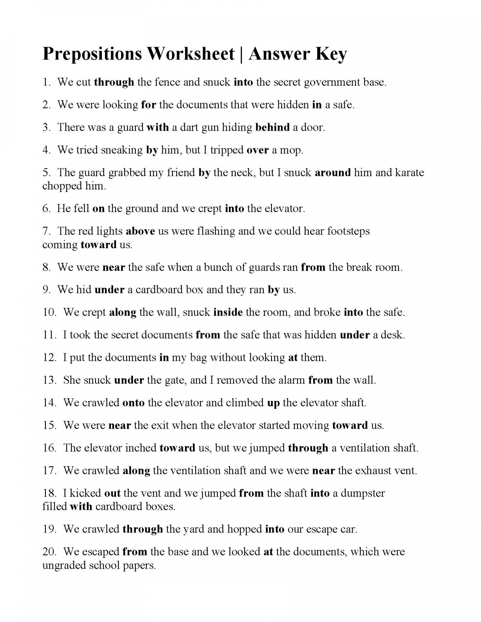 Prepositions Worksheet  Answers