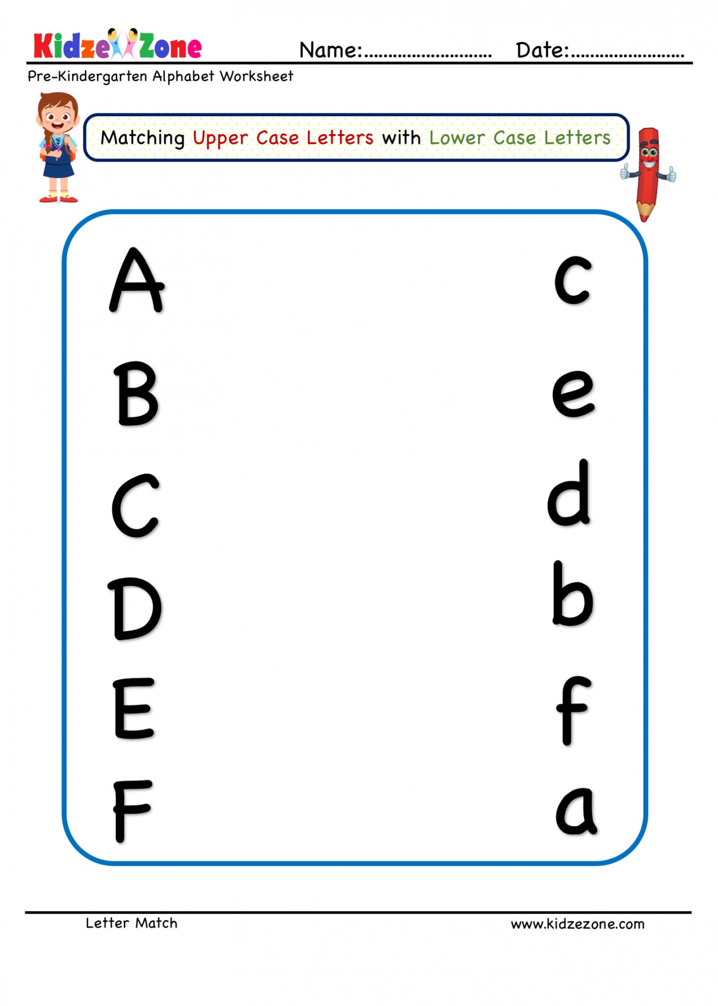 Preschool Letter Matching Upper Case to Lower Case A TO F