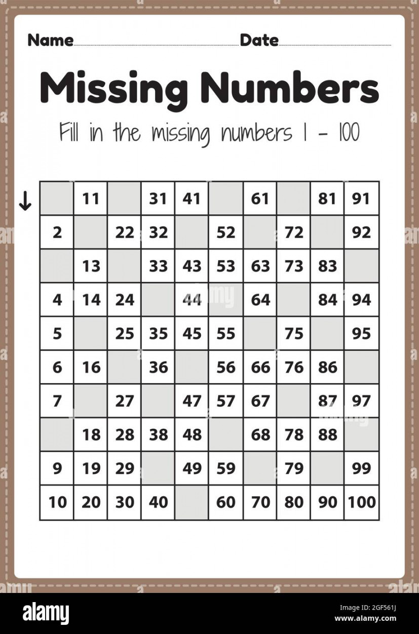 Preschool math worksheets, missing numbers  to 00 printable