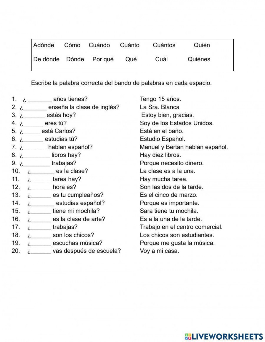 Question words in Spanish worksheet  Live Worksheets