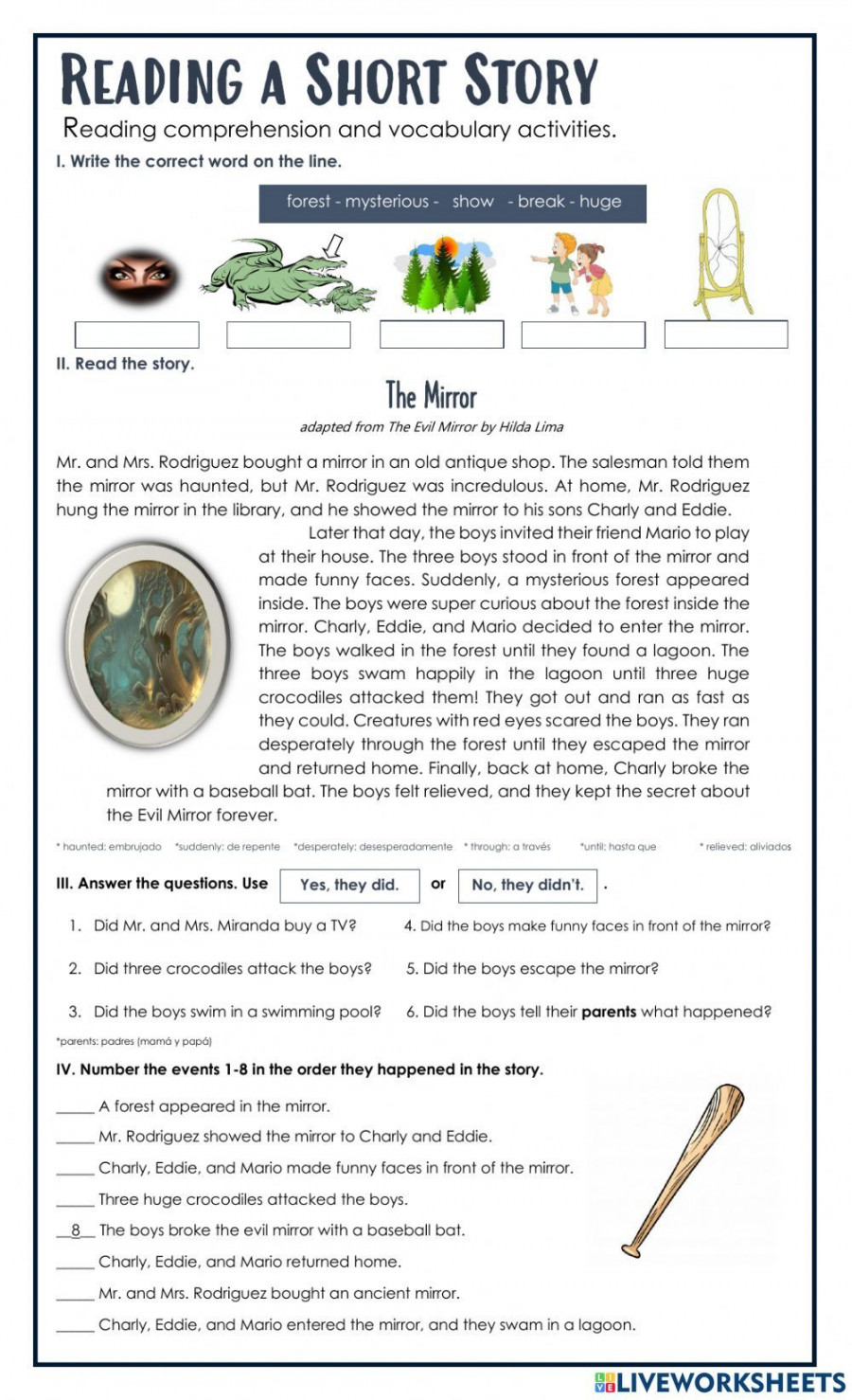 Reading a short story worksheet  Reading comprehension, English