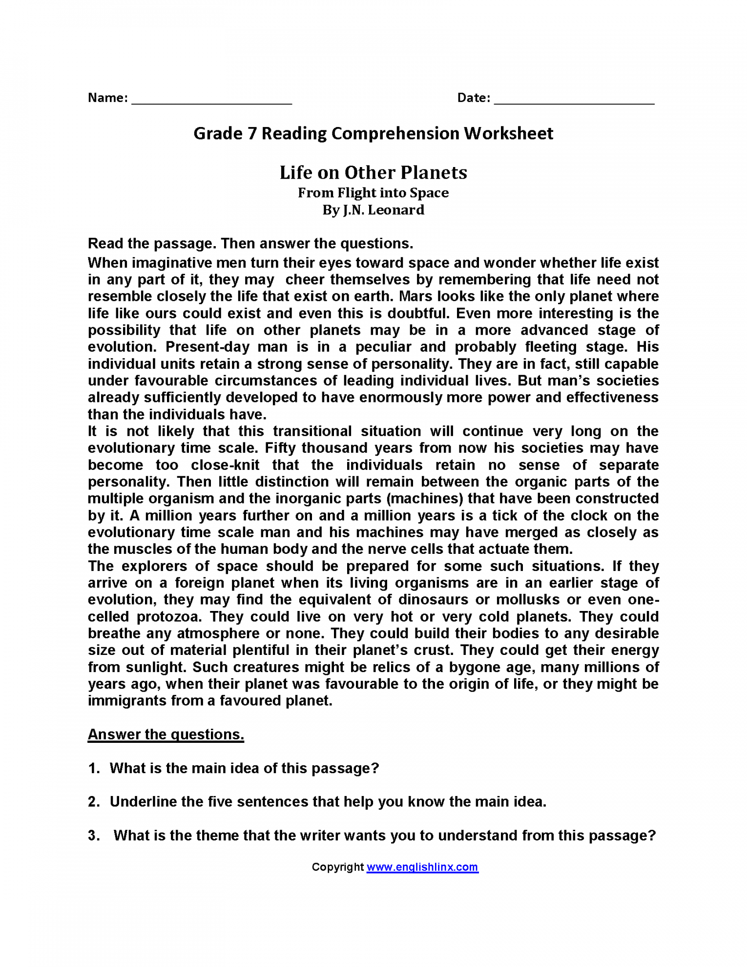 Reading Worksheets  Seventh Grade Reading Worksheets