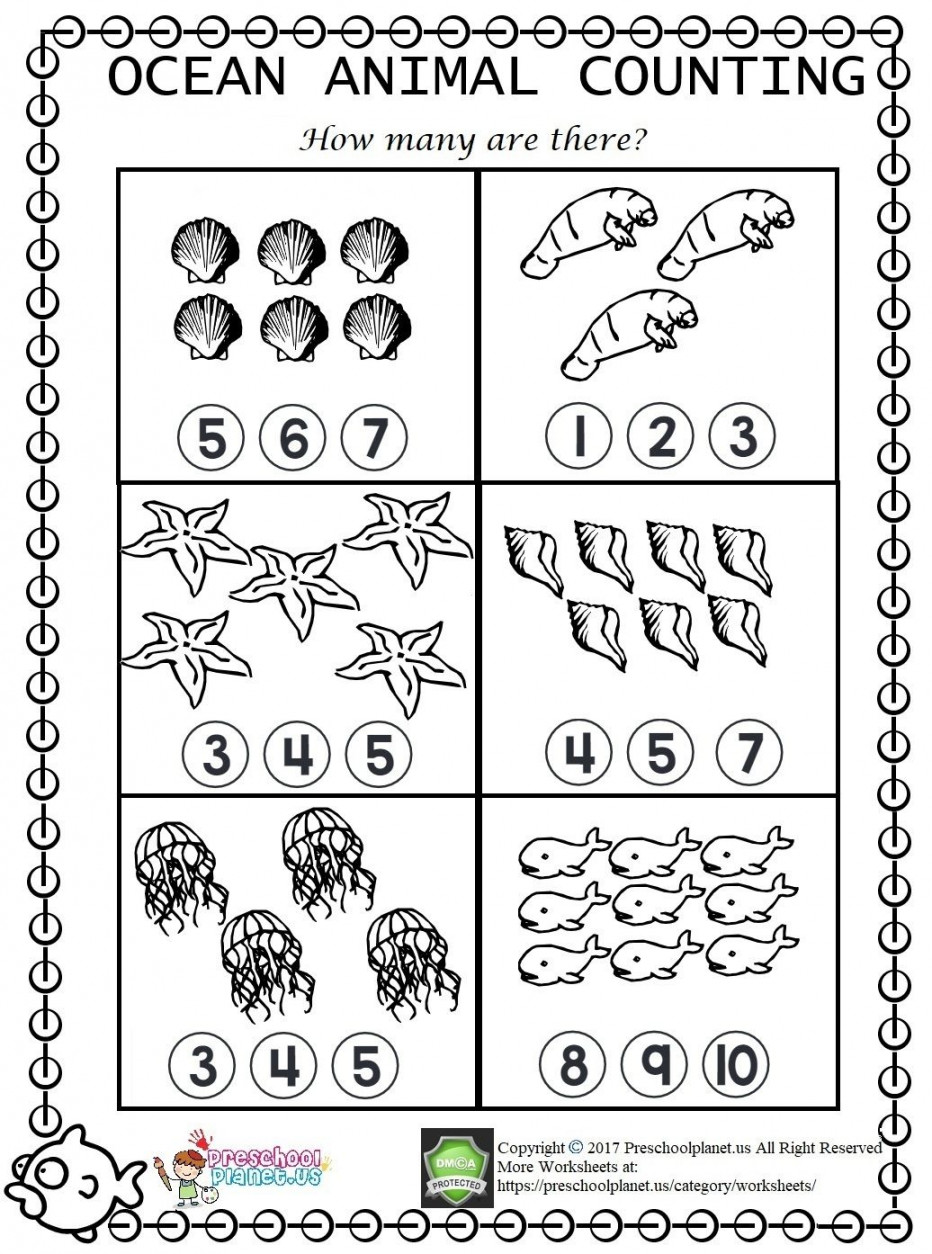 sea animal counting worksheet for kindergarten and preschool