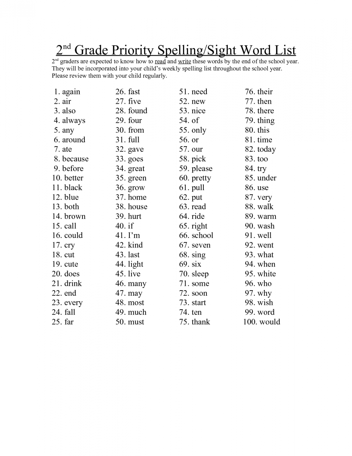 second grade sight words  nd Grade Priority SpellingSight Word