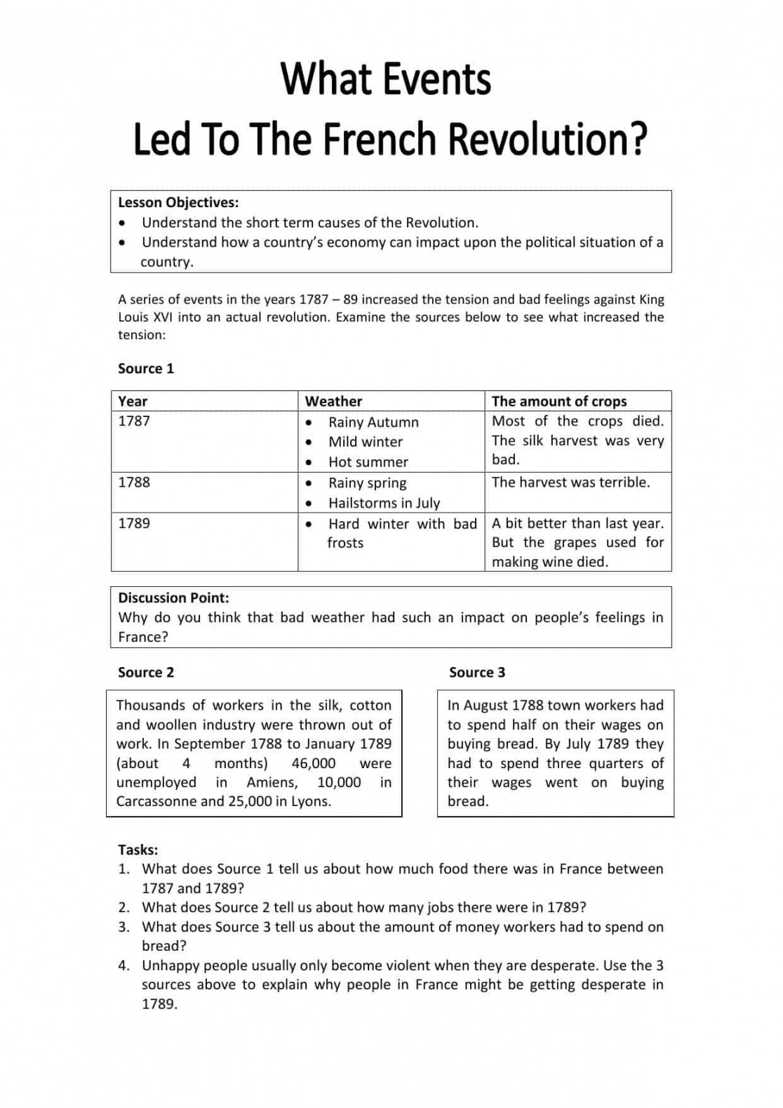 Short Term Causes of the French Revolution Worksheet