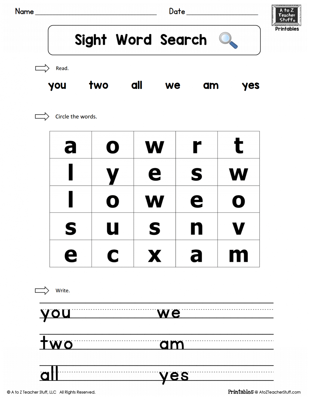 Sight Words Practice Word Search: you, two, we, all, am, yes  A