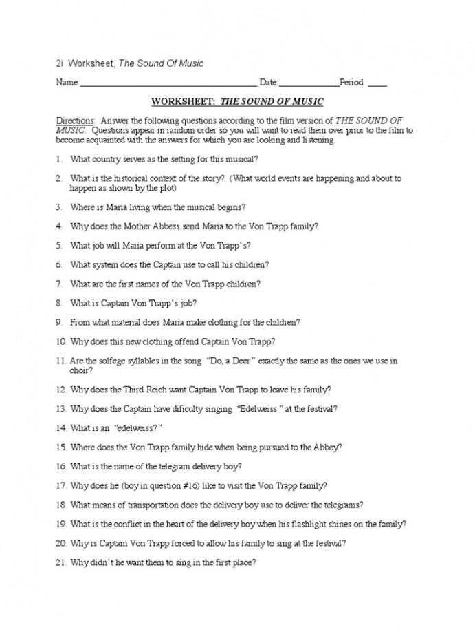 Sound of Music Worksheet  PDF