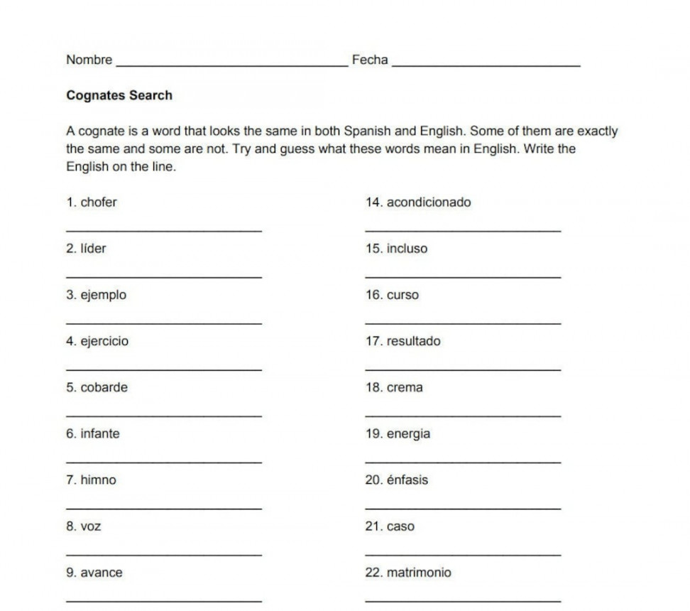 Spanish Cognates Worksheet  - Etsy