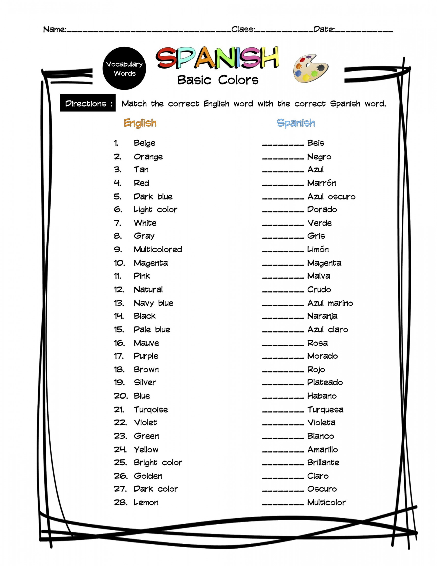 Spanish Colors Vocabulary Matching Worksheet & Answer Key  Made