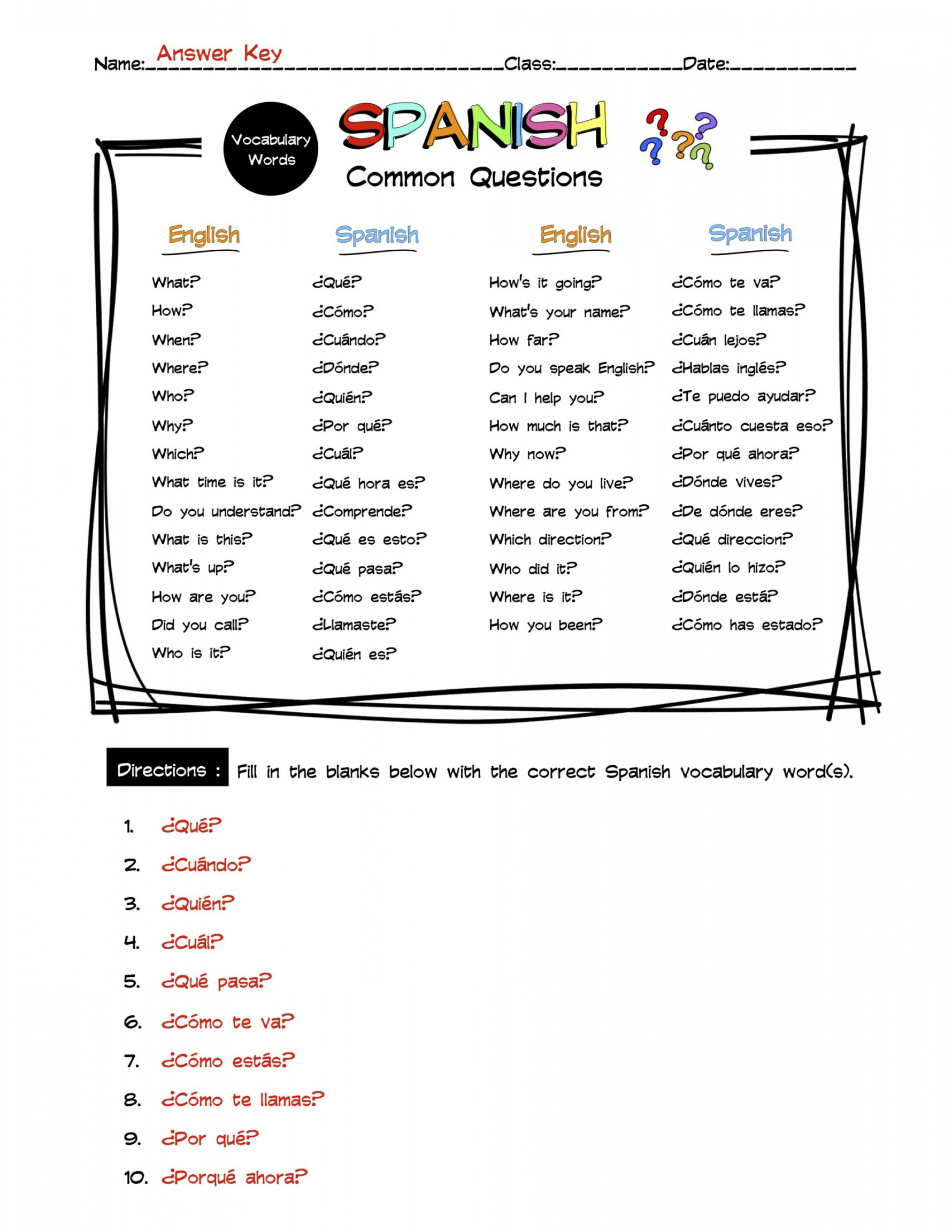 Spanish Common Questions Vocabulary Word List Worksheet & Answer Key