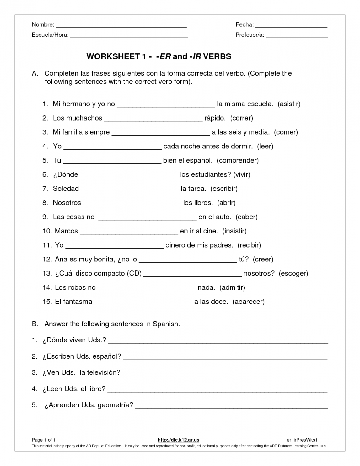 Spanish ER Ir Verb Worksheet  Verb worksheets, Spanish verbs