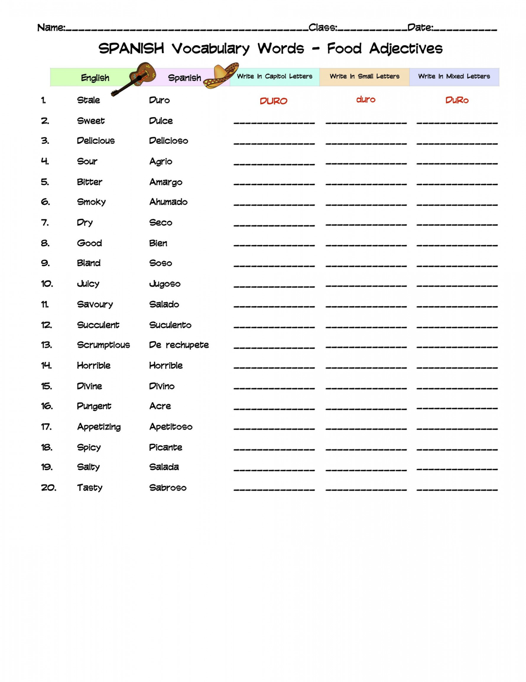 Spanish Food Adjective Vocabulary Word List Column Worksheet