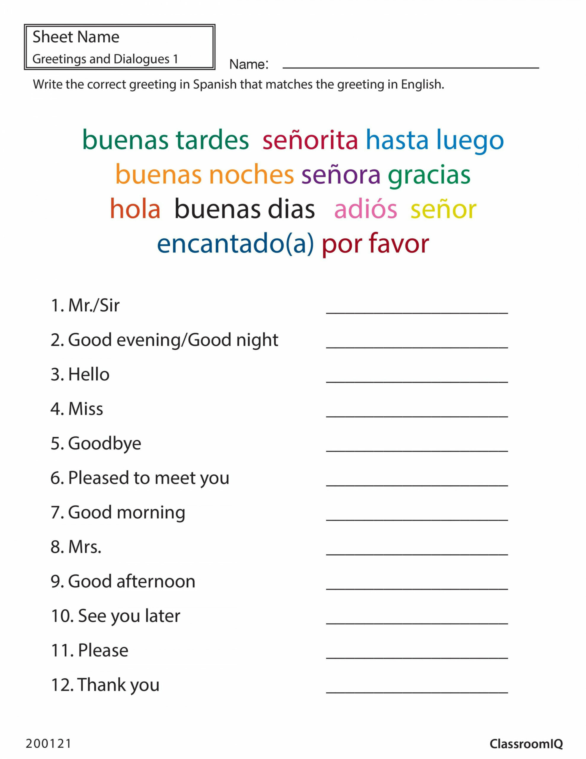 Spanish greetings matching #classroomiq #spanishworksheets