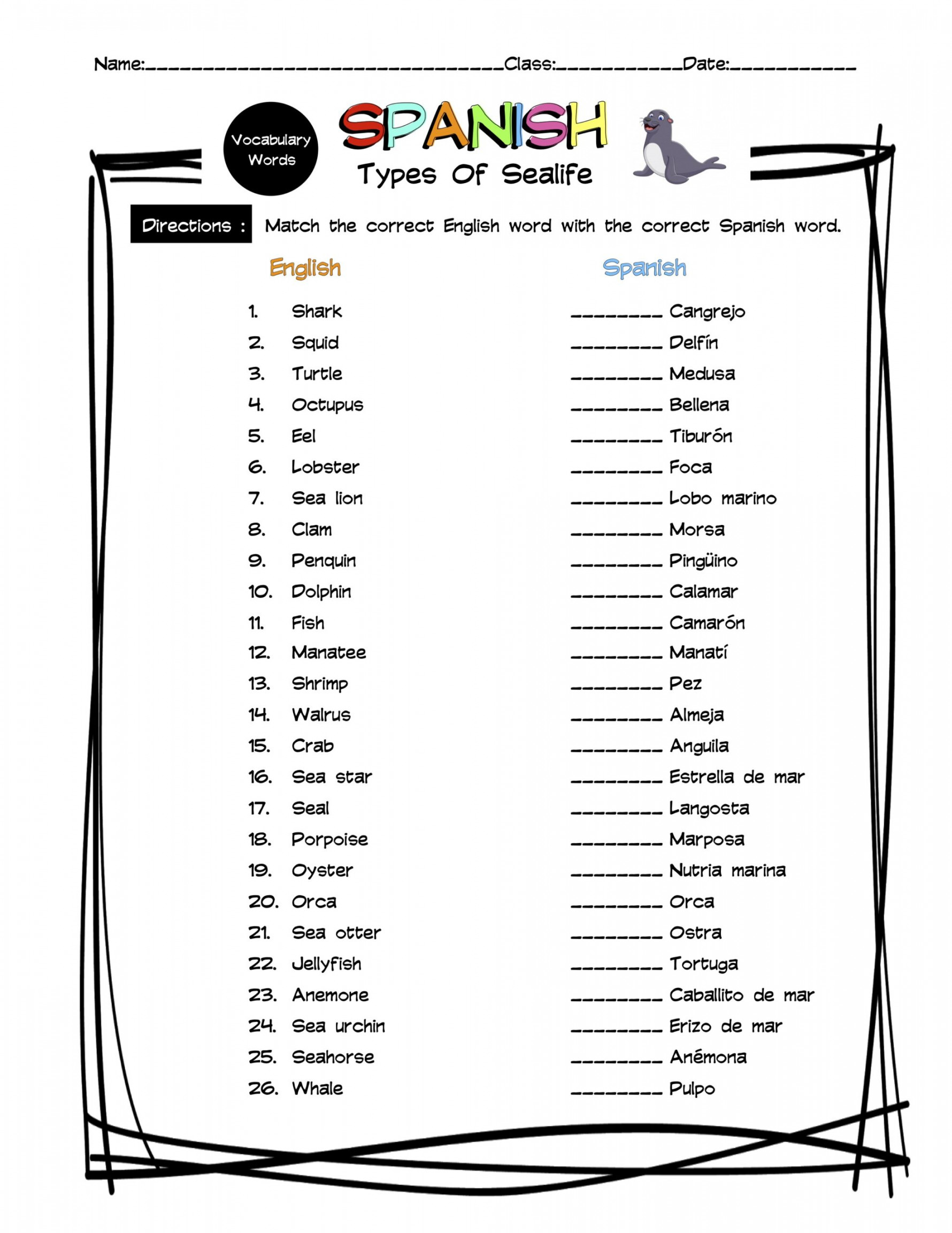 Spanish Periods Of Time Vocabulary Matching Worksheet & Answer Key