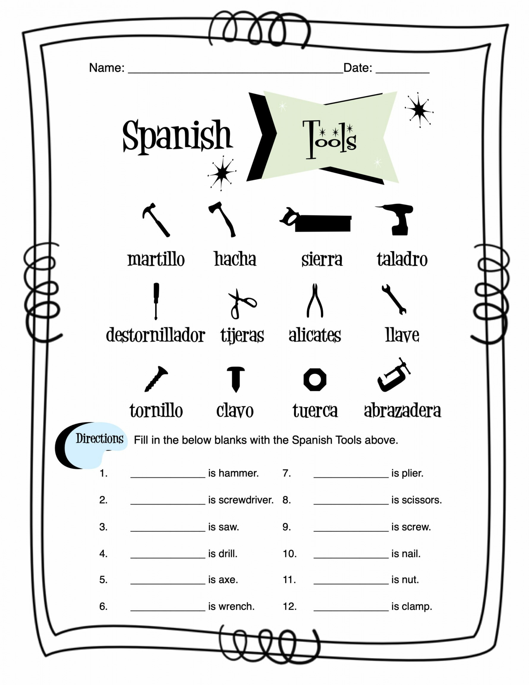 Spanish Tools Worksheet Packet  Made By Teachers