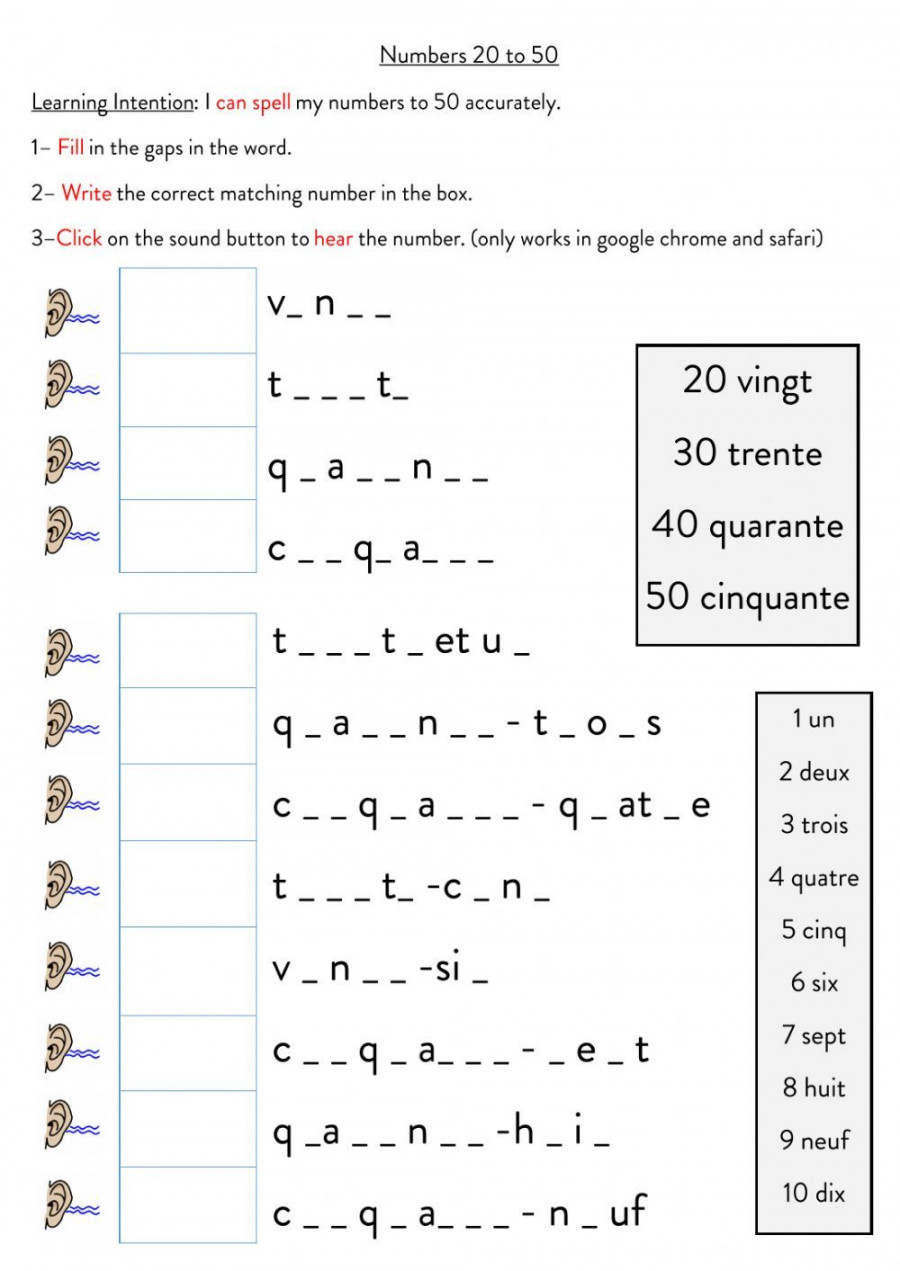 Spelling numbers  to  - Interactive worksheet  French lessons