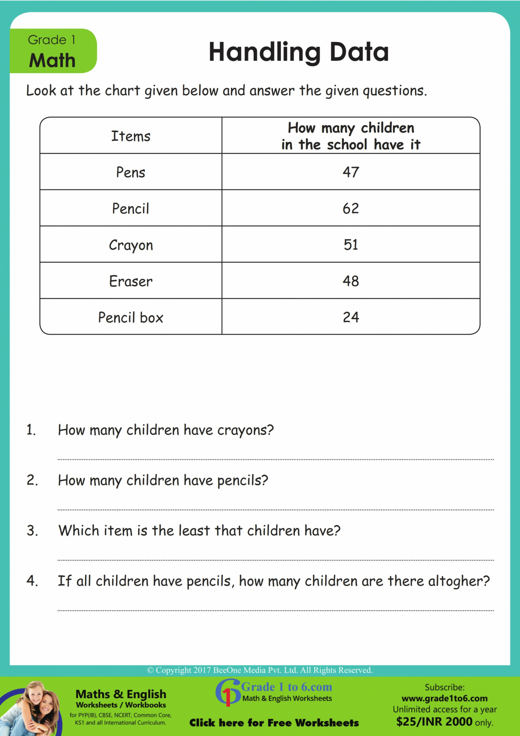 st Grade Data Handling Worksheets  Gradeto