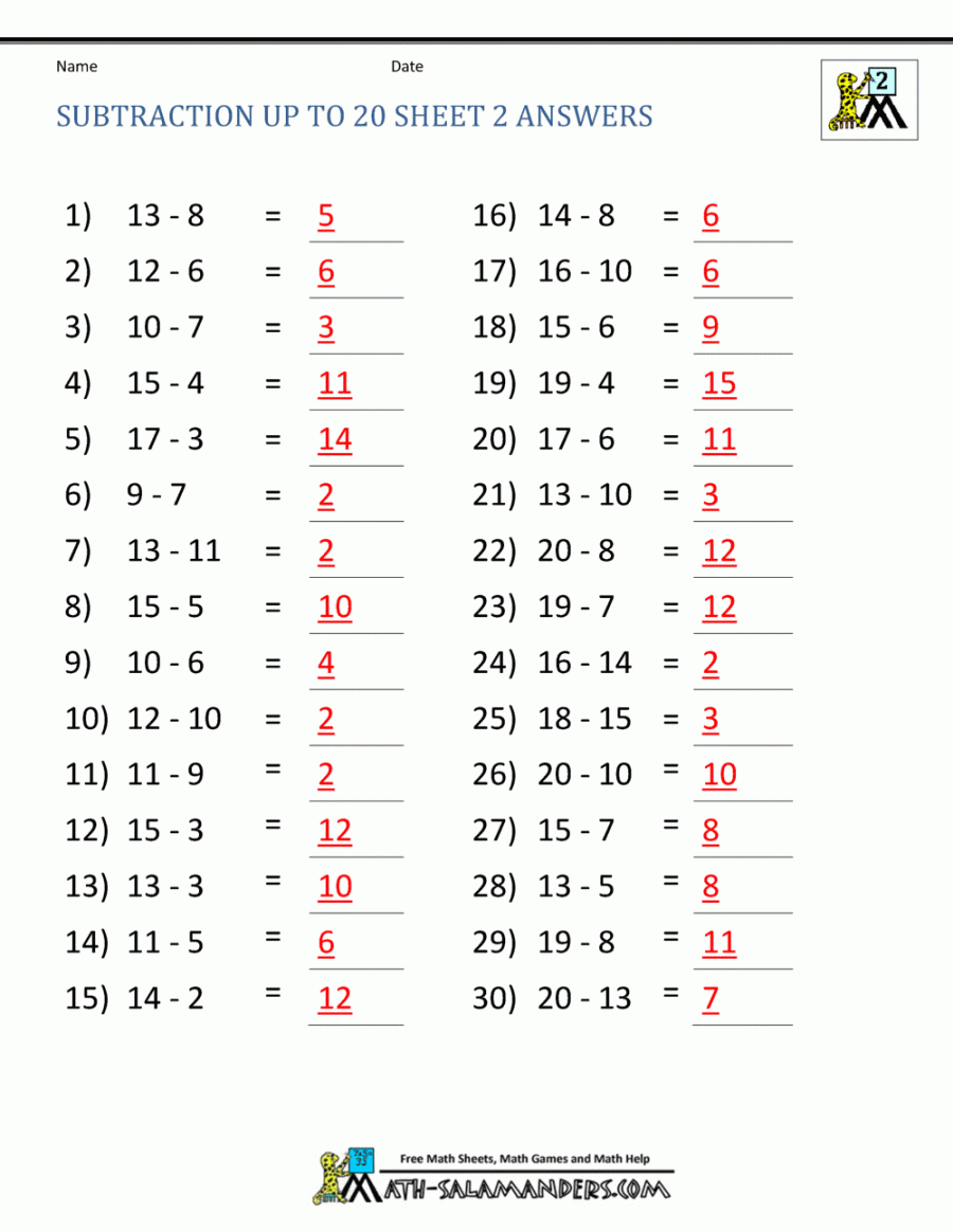 Subtraction Facts to  Sheet  Answers  Math worksheets, nd