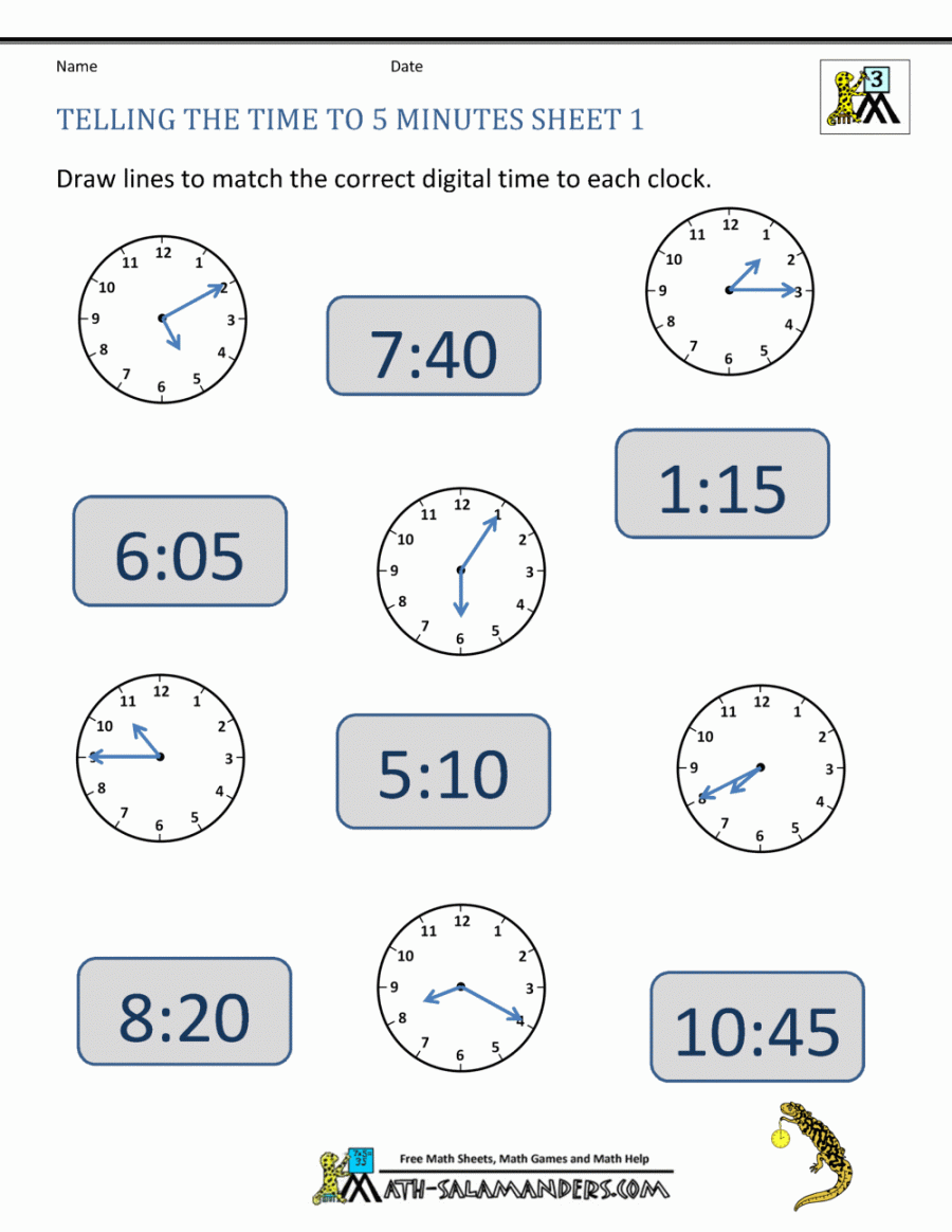 Telling Time to  minutes Worksheets