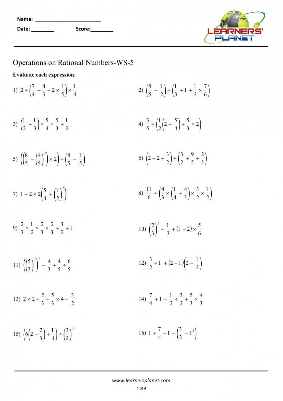 th grade operations with rational numbers worksheets