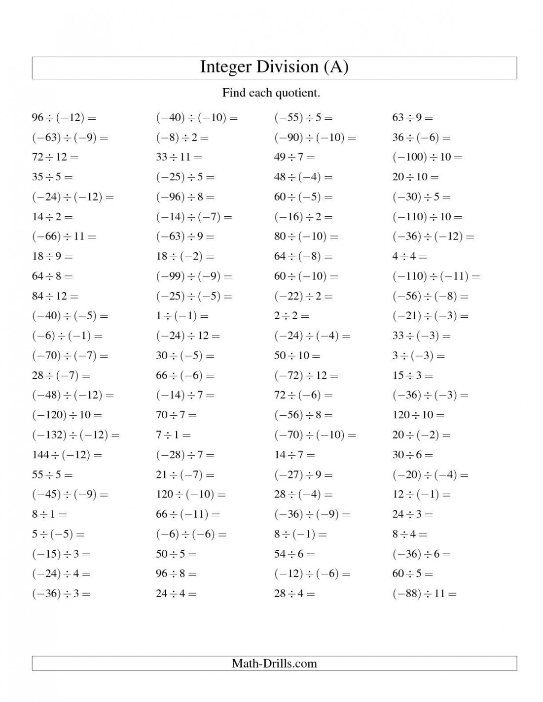 The Dividing Integers -- Mixed Signs (Range - to ) (A) math