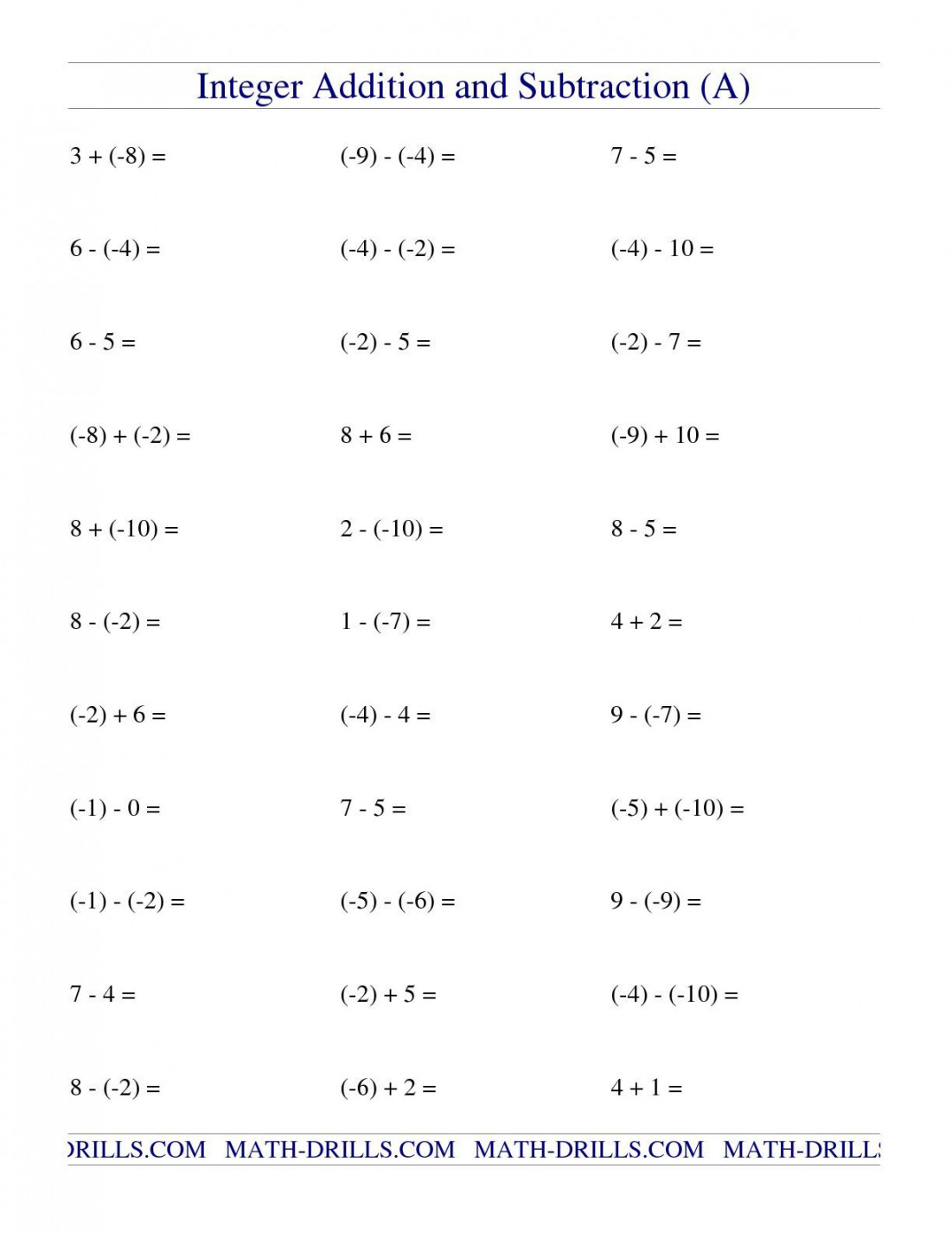 The Integer Addition and Subtraction (Range - to ) (A) math