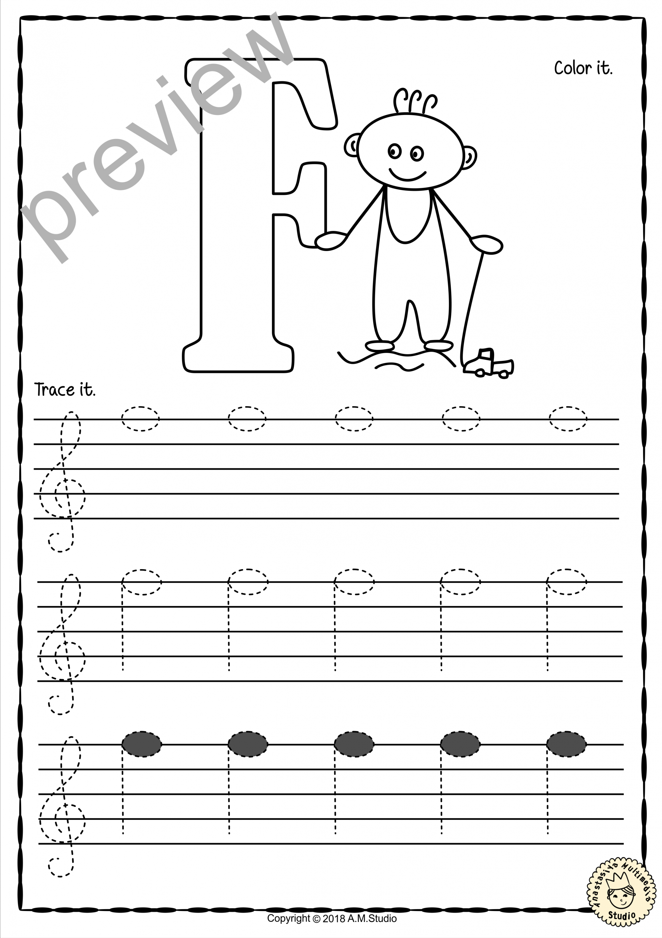 Tracing Music Notes Worksheets for kids Treble Clef