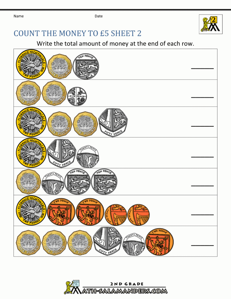 UK Money Worksheets to £