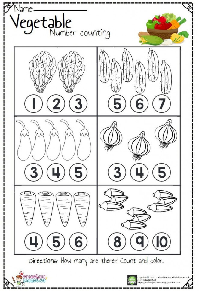 Vegetable Number Count Worksheet  Kindergarten worksheets