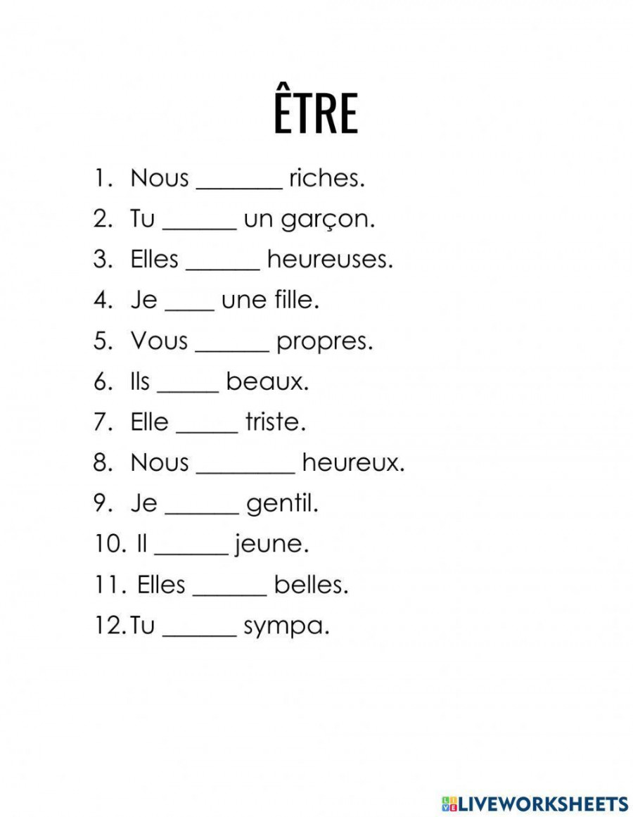 Verbe être pratique worksheet  Live Worksheets