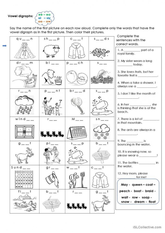 Vowel digraphs ee-ea / ai-ay/ oa-ow : English ESL worksheets pdf & doc